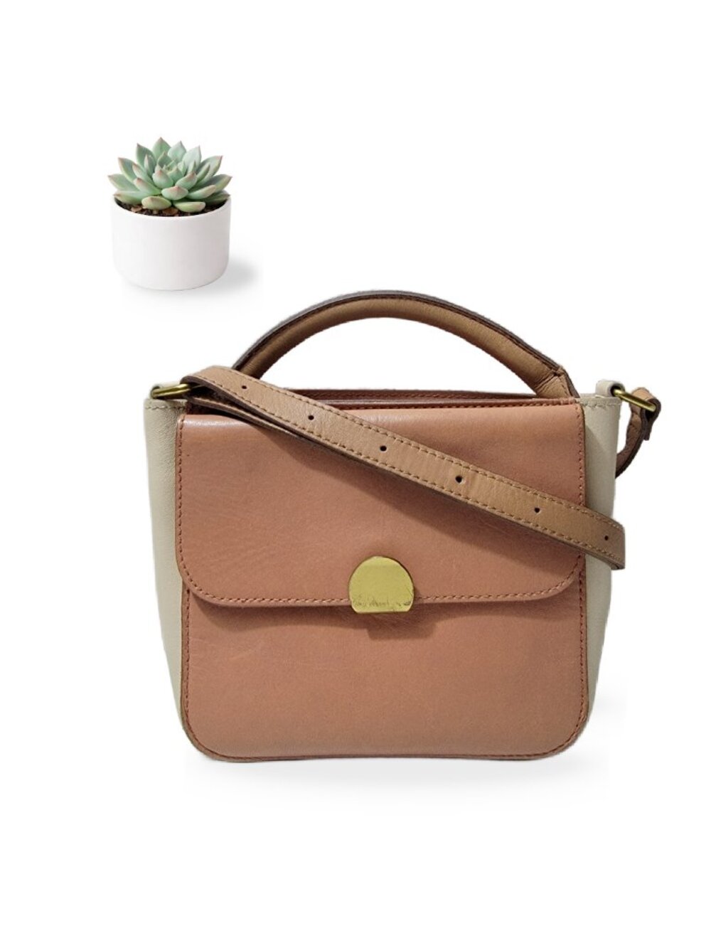 Madewell Mini Abroad Crossbody Bag Colorblock Leather Tan Cream Purse AL165
